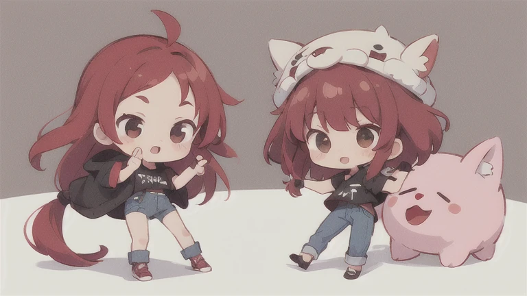  long hair　cute design, 赤い髪　red strawsﾄのWaist-length hair　　black short sleeve jacket　brown and black horizontal T-bar、 jeans　 chibi, deformed　 plain background　 1 girl,Waist-length hair, burgundy red hair　,  chibiキャラ　　Put on a pink fluffy hat