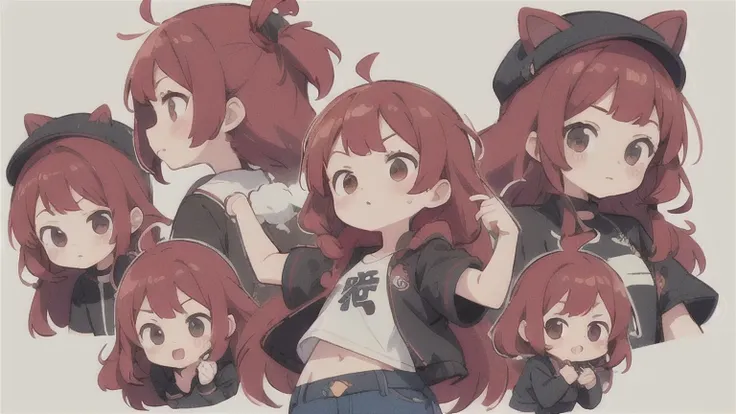  long hair　cute design, 赤い髪　red strawsﾄのWaist-length hair　　black short sleeve jacket　brown and black horizontal T-bar、 jeans　 chibi, deformed　 plain background　 1 girl,Waist-length hair, burgundy red hair　,  chibiキャラ　　Put on a pink fluffy hat