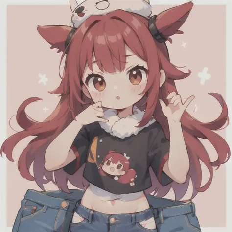  long hair　cute design, 赤い髪　red strawsﾄのWaist-length hair　　black short sleeve jacket　brown and black horizontal T-bar、 jeans　 chibi, deformed　 plain background　 1 girl,Waist-length hair, burgundy red hair　,  chibiキャラ　　Put on a pink fluffy hat