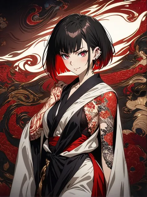 A captivating anime-style woman with a gothic and modern Japanese aesthetic, featuring a sharp bob haircut with black roots fading into a vibrant red gradient at the tips. Her piercing red eyes, subtle yet confident smirk, and intricate ear piercings enhan...