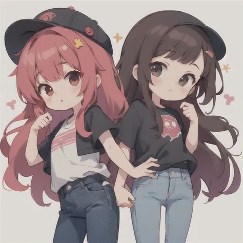  long hair　cute design, 赤い髪　red strawsﾄのWaist-length hair　　black short sleeve jacket　brown and black horizontal T-bar、 jeans　 chibi, deformed　 plain background　 1 girl,Waist-length hair, burgundy red hair　,  chibiキャラ　　Put on a pink fluffy hat