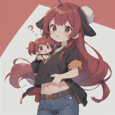  long hair　cute design, 赤い髪　red strawsﾄのWaist-length hair　　black short sleeve jacket　brown and black horizontal T-bar、 jeans　 chibi, deformed　 plain background　 1 girl,Waist-length hair, burgundy red hair　,  chibiキャラ　　Put on a pink fluffy hat