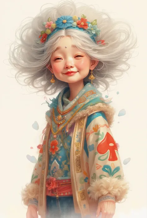 illustration, cartoon,Pixar,( masterpiece, Best Quality :1.2), 1 Chinese Grandma , 独自of,wrinkle,White wavy hairstyle,轻盈蓬松of长发,扑克牌发带,扑克牌毛衣,慈祥of,开心of,of,pure background ,in style of dieselpunk ,