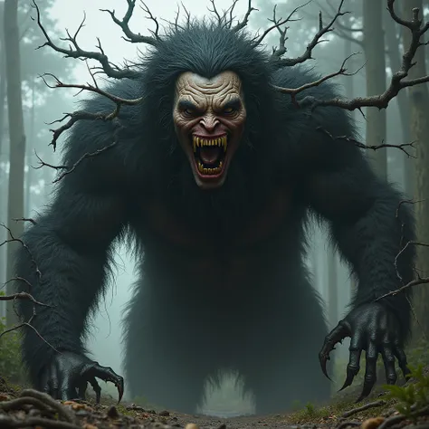 Catches, Huge ,  all over the body hairy , burst,  the face distorted ,  the mouth pulled from one ear to the other,  the black hair is full of tree beard  