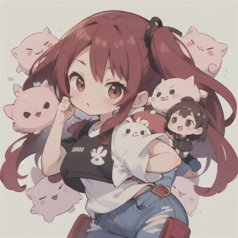  long hair　cute design, 赤い髪　red strawsﾄのWaist-length hair　　black short sleeve jacket　brown and black horizontal T-bar、 jeans　 chibi, deformed　 plain background　 1 girl,Waist-length hair, burgundy red hair　,  chibiキャラ　　Put on a pink fluffy hat