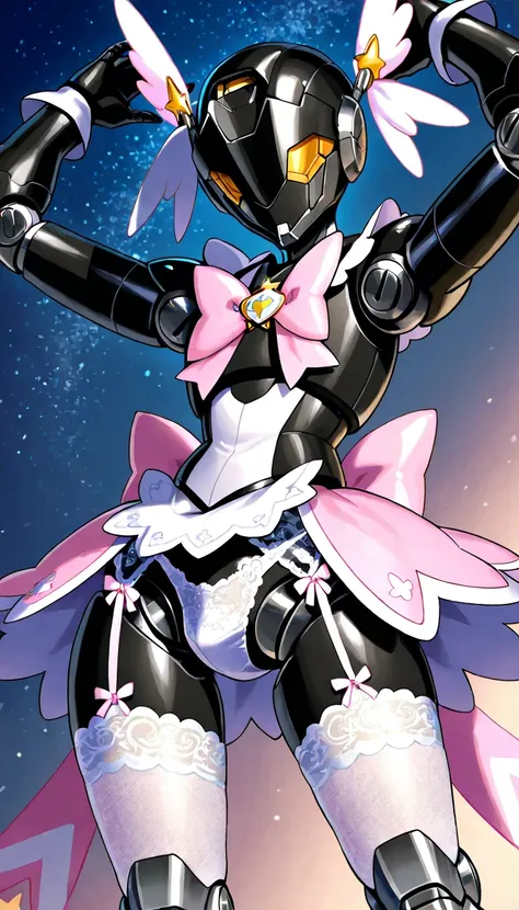 1 person、(((adult male robot wearing light pink ribbon magical girl style costume))) 、Gay、masterpiece、Best Quality、 lace garter belt 、 white lace knee-high stockings 、ribbon、black body、Mecha Head with sensor mask, white lace panties, star night,