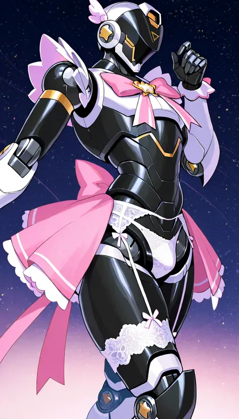 1 person、(((adult male robot wearing light pink ribbon magical girl style costume))) 、Gay、masterpiece、Best Quality、 lace garter belt 、 white lace knee-high stockings 、ribbon、black body、Mecha Head with sensor mask, white lace panties, star night,