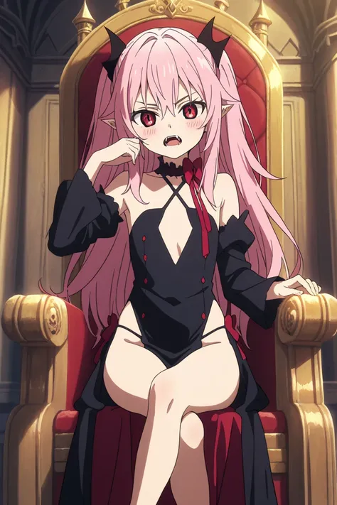 girl,castle background,  slim body,  pink hair ,  long hair,  Red eyes , blush, blushes,  fangs,  sits on the throne,  Masterpiece ,  better quality,  Anime style,  looks at the viewer, looks at the viewer,bare legs,  calm face,  mouth open ,  dynamic pose...