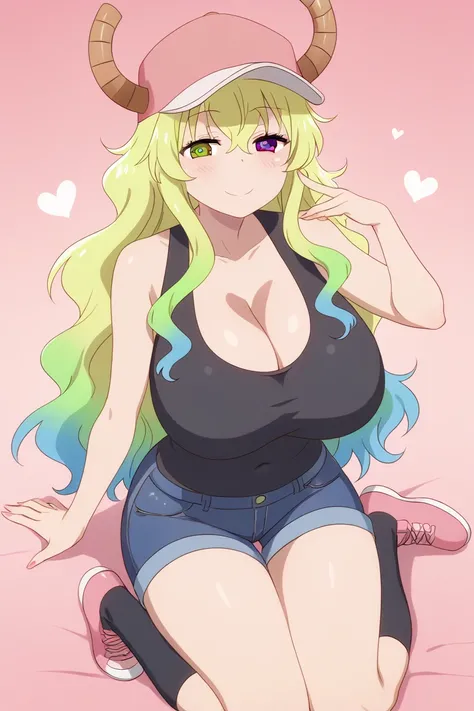 Lucoa,  blonde hair,  blue hair,  dragon girl ,  gradient hair ,   green hair ,  hair between her eyes,  Horns,  Horns through headwear,  huge breasts,  multicolored hair, baseball cap , layer, tem, Pink has ,  green eyes,  purple eyes,  yellow pupils , he...