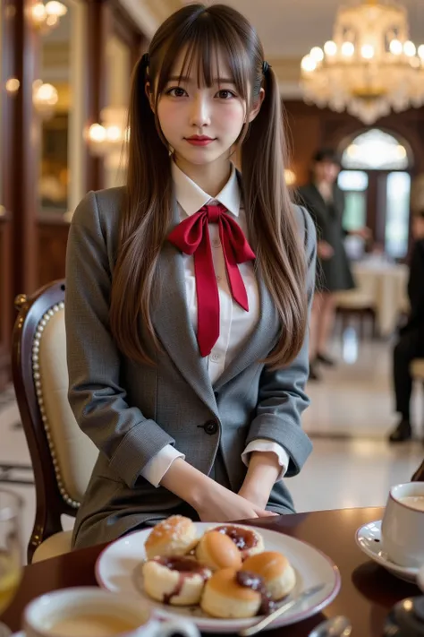 ultra-realistic, photorealistic, dramatic scene, shadow, global-illumination, solo, (age Japanese famous idol girl), very beautiful fragile Japanese girl, very beautiful with very cute but boyish cool face, (very large breasts), slim waist, (wearing a gray...