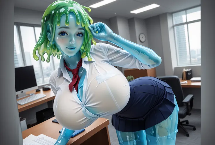 source_anime, slime girl, blue transparent skin, open-neck button up shirt that shows off her enourmous breasts, (huge breasts), white pleated mini skirt, bending over office desk, slime, long green slime hair, wind, cowboy shot, humanoid, solo, detailed, ...