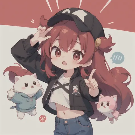  long hair　cute design, 赤い髪　red strawsﾄのWaist-length hair　　black short sleeve jacket　brown and black horizontal T-bar、 jeans　 chibi, deformed　 plain background　 1 girl,Waist-length hair, burgundy red hair　,  chibiキャラ　　Put on a pink fluffy hat