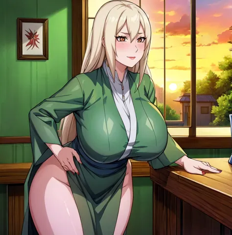 (((1girl))),((alone)), Tsunade senju,(masterpiece), (best quality), (ultra detailed), (best illustration), (best shadow), (absurdities), sharp focus, cowboy photo , looking at the viewer, big breasts, narrow waist, wide hips, medium thighs, round butt, dyn...