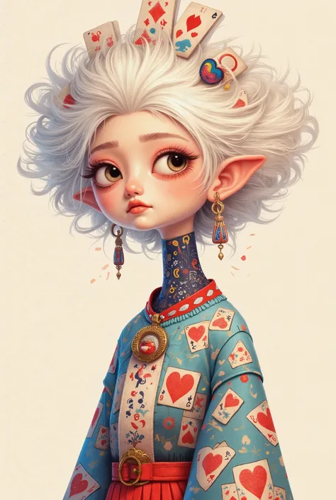 illustration， cartoon，Pixar，( masterpiece,   Best Quality :1.2), 1 Chinese Grandma ,  is unique，White wavy hairstyle， Light and Fluffy Long Hair ，扑克牌发带，扑克牌毛衣，pure background ，in style of Dieselpunk , 