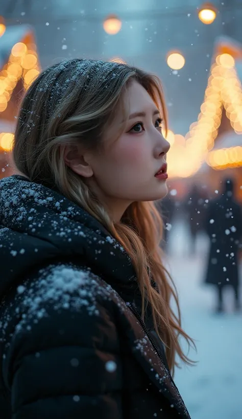 （masterpiece, best quality :1.2), winter,1 woman, [white breath] 、( Fantastic)Winter Festival 、 Snowflakes、❄️、cinematic lighting ,focus on her face,background blur,  fantastic