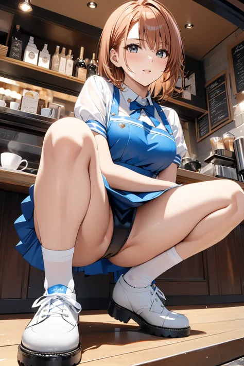 from below:1.5,  squat, full body,  coffee shop,  waitress, ( Misaka Mikoto), masterpiece:1.5, masterpiece, highest quality, UHD, retina, masterpiece, accurate anatomy, super detailed, high quality, best quality, 8k