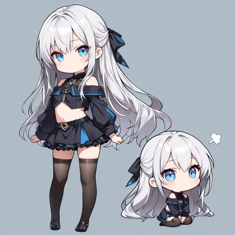 ((masterpiece, best quality, extremely detailed)), 1girl, ((chibi, chibi only)), silver hair, very long hair, blue eyes, petite, cropped shirt, frills, sleeveless, skirt, off-shoulder jacket, hair ribbon, black thighhighs,, looking at viewer, full body, no...