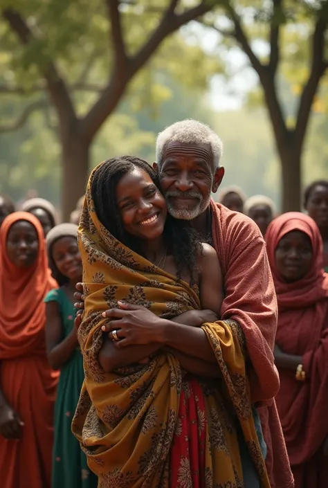 Prompt: The village remains untouched, with its beautiful trees still standing tall. Amina’s grandfather embraces her proudly, his eyes filled with tears of joy. The villagers celebrate around them, smiling and appreciating the preserved beauty of their ho...