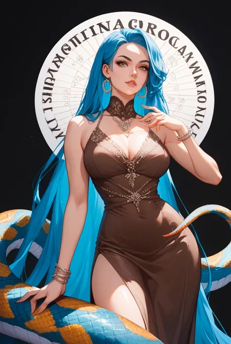 Dynamic 2D digital art, A woman in the zodiac sign capricorn,  very long blue hair ,  white background, illustration for capricorn zodiac sign, beautiful brown dress, in a fighter pose,  white background, clean background, without a snake