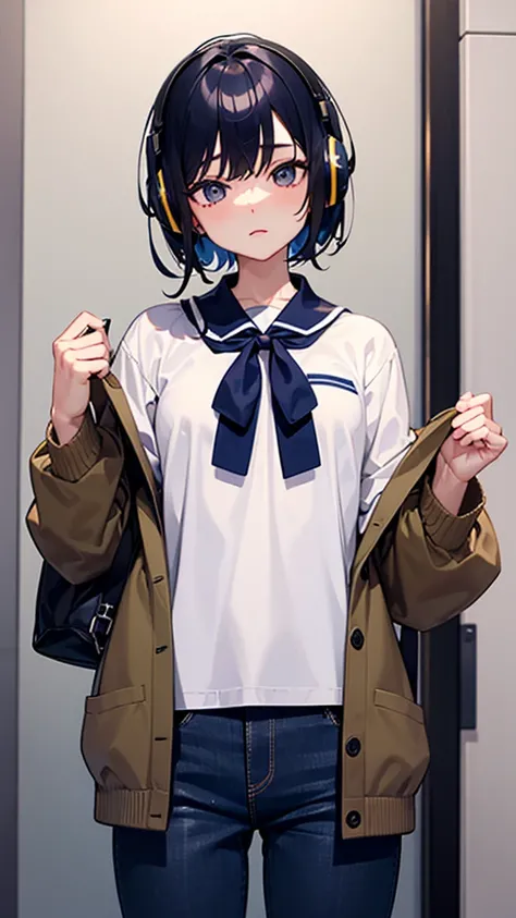  boy、She also looks like a girl 、 has short hair like a girl 、neutral character、 wearing pants 、Downer、 has headphones hanging from her neck 、 wears a navy blue cardigan over a plain white t-shirt。