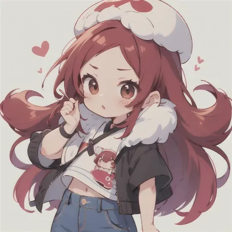  long hair　cute design, 赤い髪　red strawsﾄのWaist-length hair　　black short sleeve jacket　brown and black horizontal T-bar、 jeans　 chibi, deformed　 plain background　 1 girl,Waist-length hair, burgundy red hair　,  chibiキャラ　　Put on a pink fluffy hat