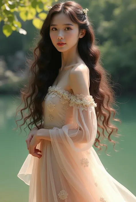 Beautiful girl with long curly hair wearing vintage chinese dress full body japanese girl swimsuit cute age 18