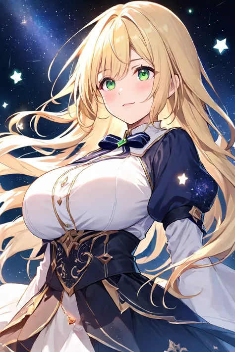 1 girl、 long hair、 blonde hair、Big Breasts、 green eyes、Fleeting、ribbon（One pair left and right）、 Under the Starry Sky