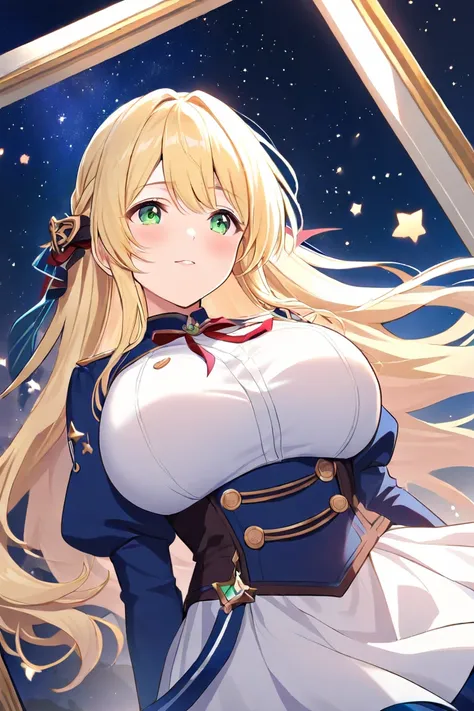 1 girl、 long hair、 blonde hair、Big Breasts、 green eyes、Fleeting、ribbon（One pair left and right）、 Under the Starry Sky