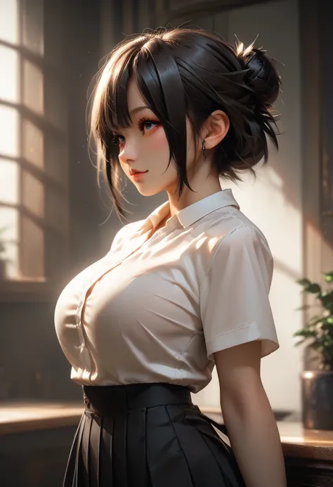 A cute girl 18 years old, satisfied face, big breast, with black hair with a white detail at the backand short messy bun hair wearing a ruffled black pleated skirt, white tight shirt, standing, from side, hands to head,