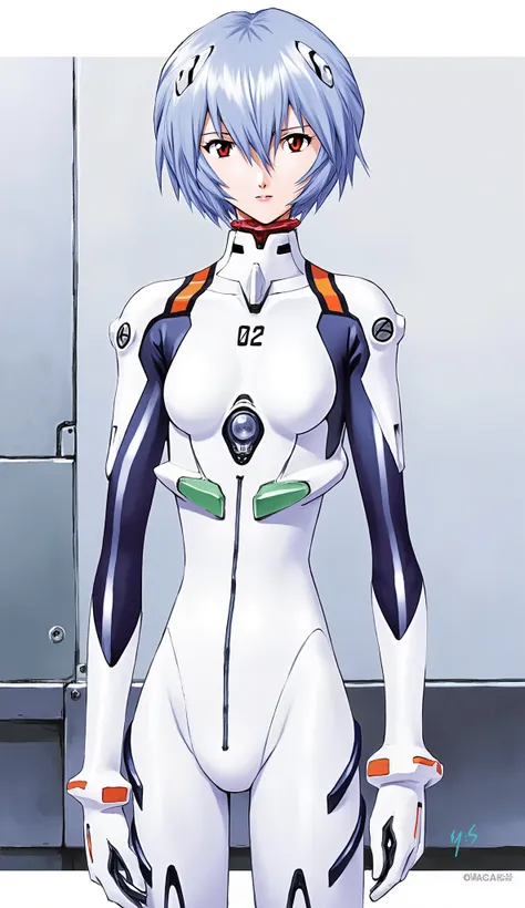Rei Ayanami、 white plug suit、front、whole body