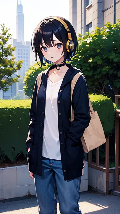  boy、She also looks like a girl 、 has short hair like a girl 、neutral character、 wearing pants 、Downer、 has headphones hanging from her neck 、 wears a navy blue cardigan over a plain white t-shirt。