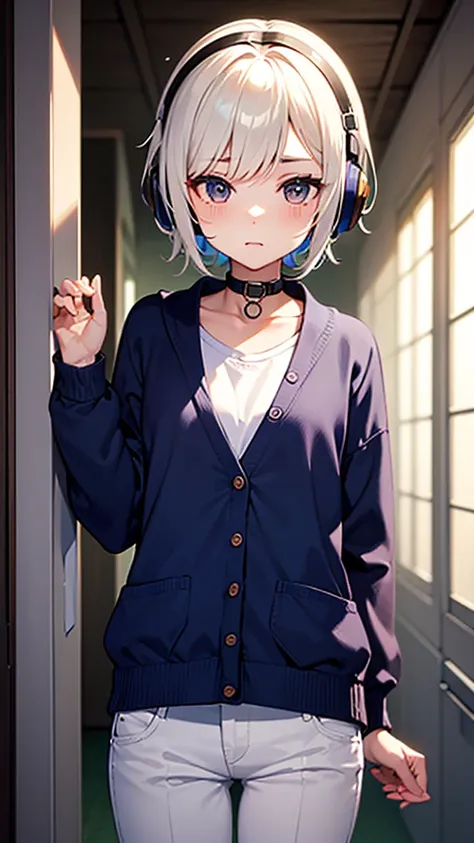  boy、She also looks like a girl 、 has short hair like a girl 、neutral character、 wearing pants 、Downer、 has headphones hanging from her neck 、 wears a navy blue cardigan over a plain white t-shirt。