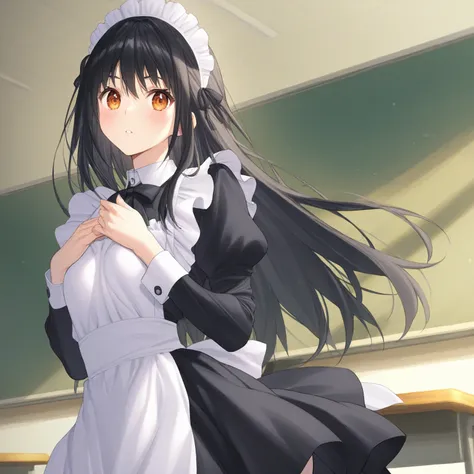 Alone、( Masterpiece,  top quality:1.2)、 maid outfit、School、classroom、Neat black hair、Amber Eyes、 long hair、 glossy black hair 、( top quality)、( ultra detail)、( very detailed and beautiful)、( beautiful detail eye)、 ( perfect anatomy)、( perfect hands)、(  sup...