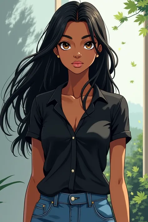 a black woman with long black hair and brown eyes wearing a black shirt and jeans, anime version