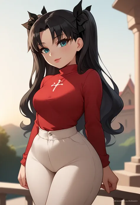 score_9, score_8_up, score_7_up, Western Comics, Portrait, Rin Tohsaka, cute, seductive, innocent, light smile:0.3, plump lips, slender body, aqua eyes, long wavy black hair, twin tails tied with black ribbons, red turtleneck, sunset, buddhist temple backg...