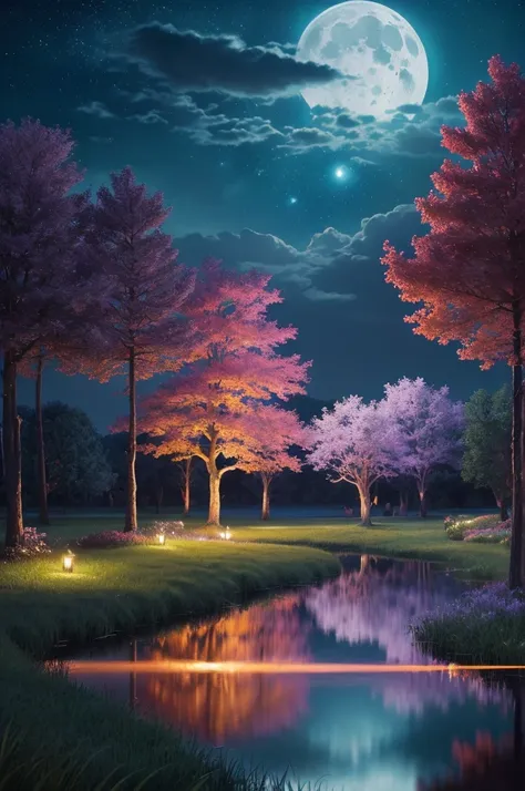      night   pond:1.5, (   masterpiece),(  top quality :1.0), (   Ultra High Resolution:1.0),     detailed illustration   ,    detailed landscape  ,   lively colors, 8k,      night  ,  moon cloud   , ((    magic  ,    beautiful, tree々:1.4 )), ((   top qual...