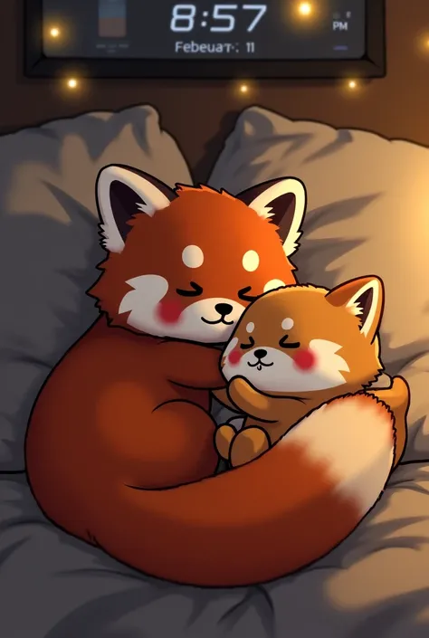 Please make red panda hugging light Shiba on the bed while watching anime, time is 8.57, February first . It can be more realistic but not too much.