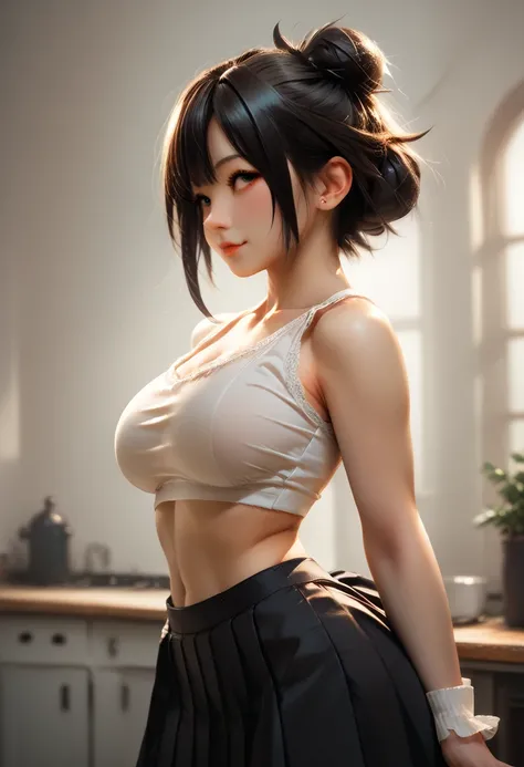 A cute girl 18 years old, satisfied face, big breast, with black hair with a white detail at the backand short messy bun hair wearing a ruffled black pleated skirt, white tight shirt, standing, from side, hands to head, undressing, croptop