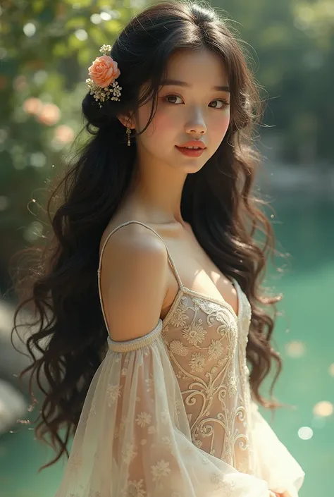 Beautiful girl with long curly hair wearing vintage chinese dress full body japanese girl swimsuit cute age 18 