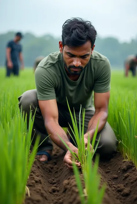 ক্রিকেটার তামিম ইকবাল ধানের চারা রোপন করছে।