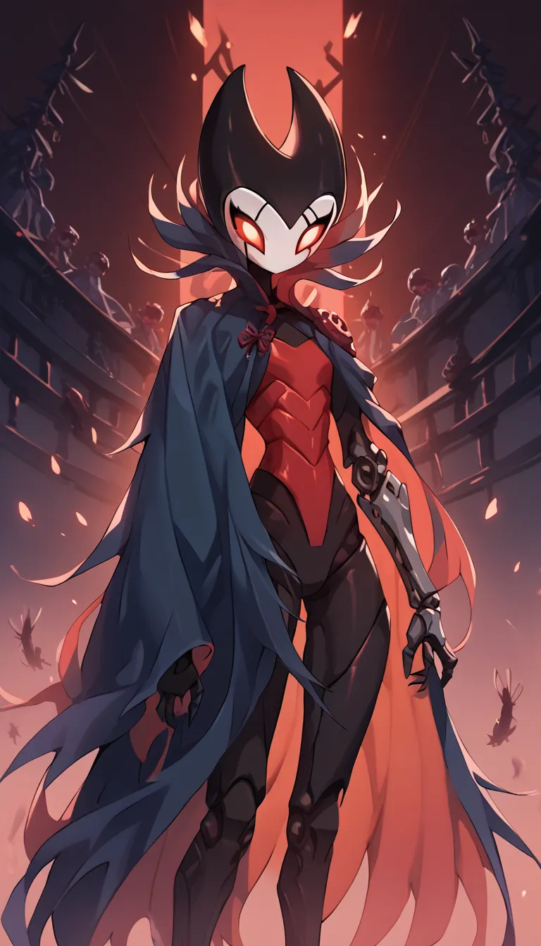 Score_9, Score_8_up, Anime source, (1 girl, alone), (some), uncensored, Perfect figure, Grimm - Hollow Knight, Masterpiece, Top quality, Best quality, Newest, Hollow_Hornet, 1 girl, some, Insect Figure, Long and beautiful, Cyber ​​armor, dark skin, Black h...