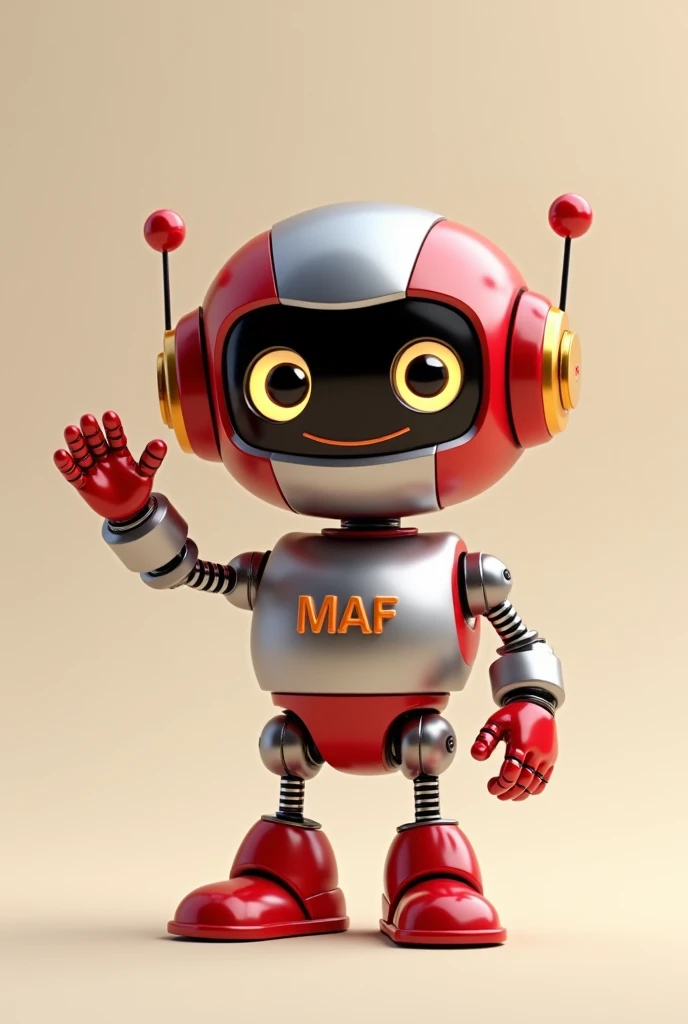 Cute 3d robot,waving with arm.smiling. he is shiny red and silver color.Have MAF inscription on him.