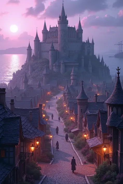 Une ville médiévale sur une île. Un château en pierres grises au sommets. Un ciel mauve. Des lampadaire à la lumière violette. Des rues pavées. Des transports steampunk.