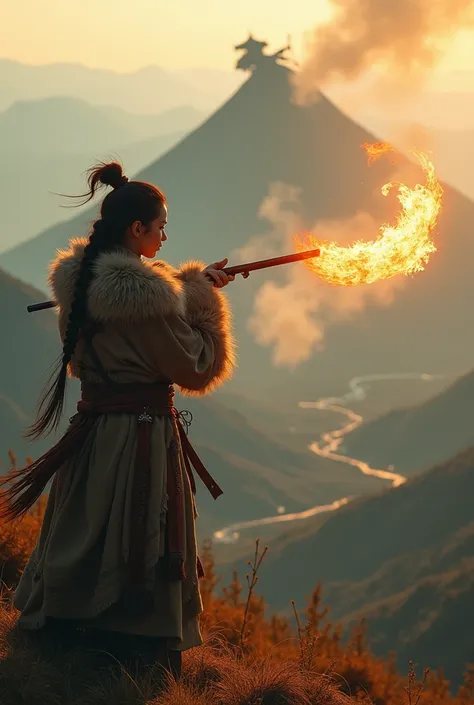 
Ancient Japan, young beautiful woman hunter in fur and linen equipment shooting a firebird with a burning body, valley near a volcanic area, silhouette of a giant Yamata no Orochi in the background, drifting smoke, masterpiece, photo quality, detailed tex...