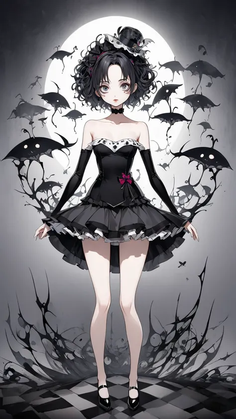 Tim Burton Style、2.5D Illustration、 anime beautiful girl 、 perfect proportions、clavicle、 mini skirt、