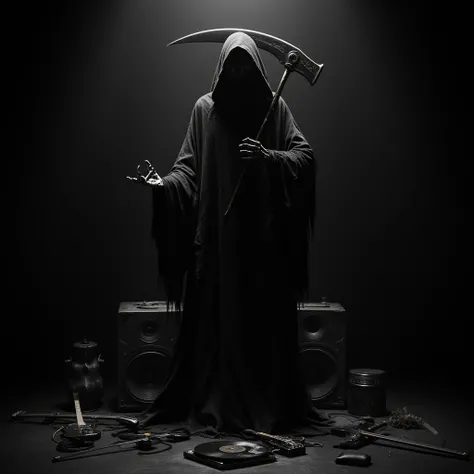 Black and white picture with a grim-reaper that hears various music genres.