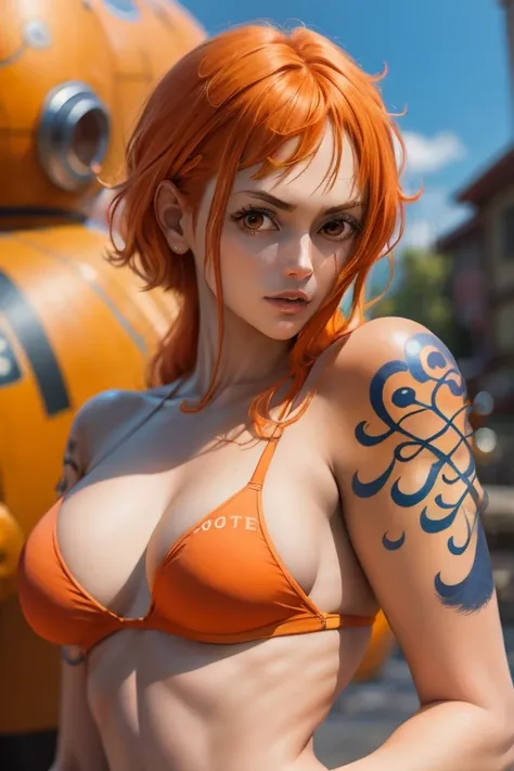 nami,  orange hair, tattoo, girl in a mecha,