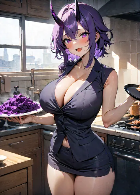 HDR,8K,high contrast,masterpiece,best quality,amazing quality,very aesthetic,high resolution,absurdres,
anime coloring,1girl,curvy,huge breasts,cleavage,sysdeep_shion,purple hair,purple eyes,oni horn,suit,cowboy_shot,looking_at_viewer,holding plate,poison,...