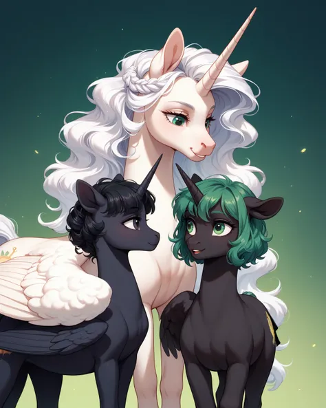 Two ponies are standing next to each other. The first alicorn pony. unicorn with wings.  Black wool.  black eyes . Very long, wavy white mane. She stands taller with her wings open and looks down from the top. The second pony is a unicorn. black wool. Gree...