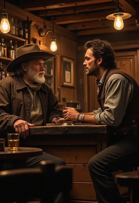 "Two men engaged in a deep conversation inside an old Western-style saloon. One man, an older cowboy with a rugged face, a worn hat, and a weathered leather coat, speaks with a calm but firm expression, offering advice. The younger man, dressed as a gunsli...